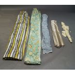 A group lot of curtains to include two pairs of grey, white, black and yellow striped curtains by