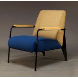 After Jean Prouve, a salon armchair for Vitra, of recent manufacture, with cream fabric backrest and