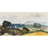 Fyffe Christie, British 1918-1979- Sussex landscape; watercolour, 20x39.5cm: together with two other