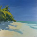 Modern British School, late 20th/early 21st century- Tropical beach scene; oil on board, signed,