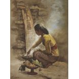 S Toyo, Indonesian 1935-2000- Woman cooking; oil on canvas, signed, 65x50cmPlease refer to
