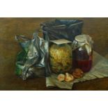 Anatoly Rybkin, Russian, b.1949- Still life with plastic bag; oil on panel, signed and dated 1989,