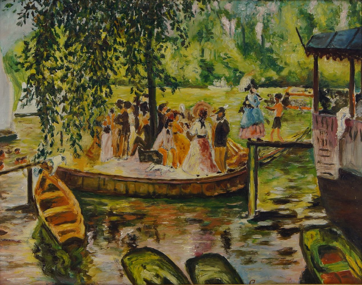 G Bourguignon, French, mid-20th century- Boating party on a river; oil on board, signed, 35x44.