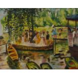 G Bourguignon, French, mid-20th century- Boating party on a river; oil on board, signed, 35x44.