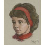 Peter Wardle, British 1929-2016- Portrait of a young girl wearing a red headband; pastel on blue