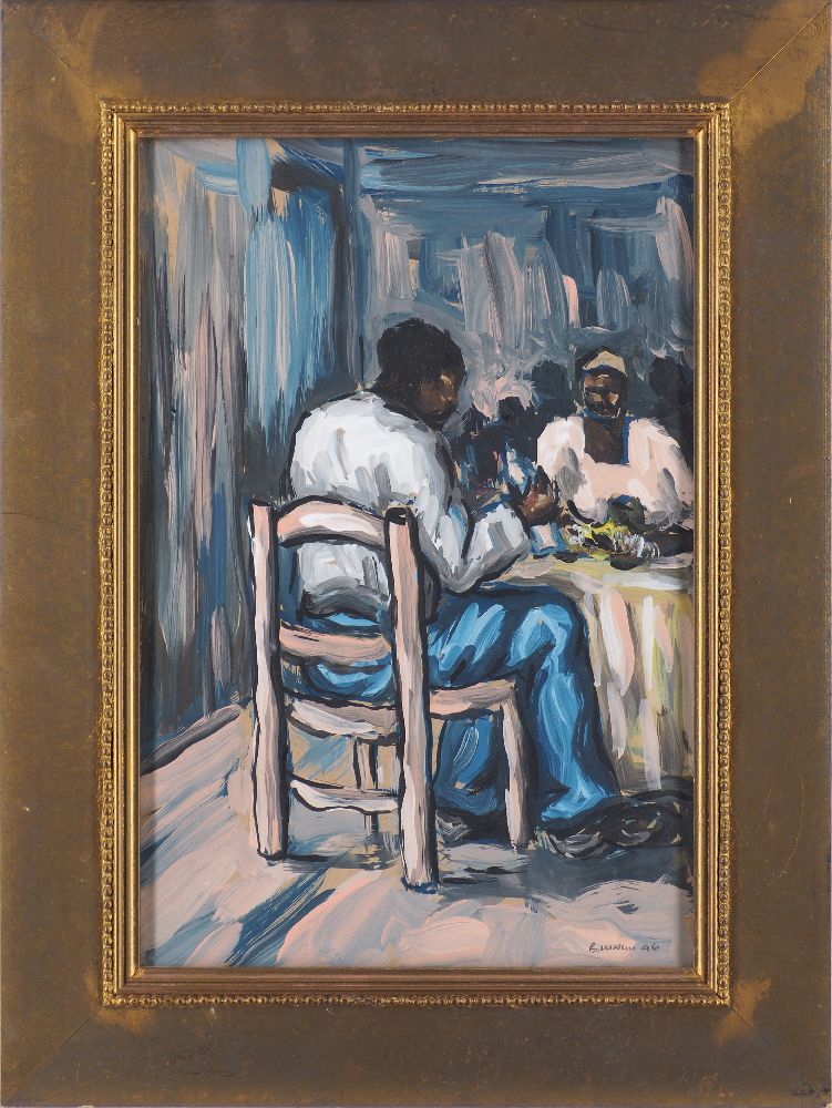 Bmngu, East African School, mid-late 20th century- Figures in a café; oil on board, signed and dated - Image 2 of 2