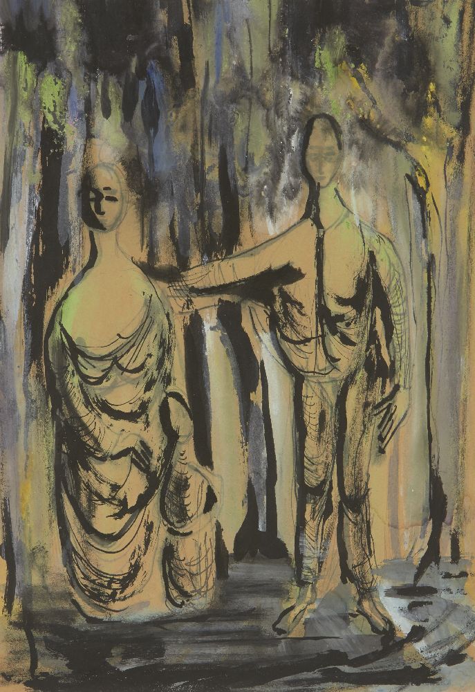 British Neo-Romantic School, c.1940s-1950s- Two standing draped figures; brush and black ink and