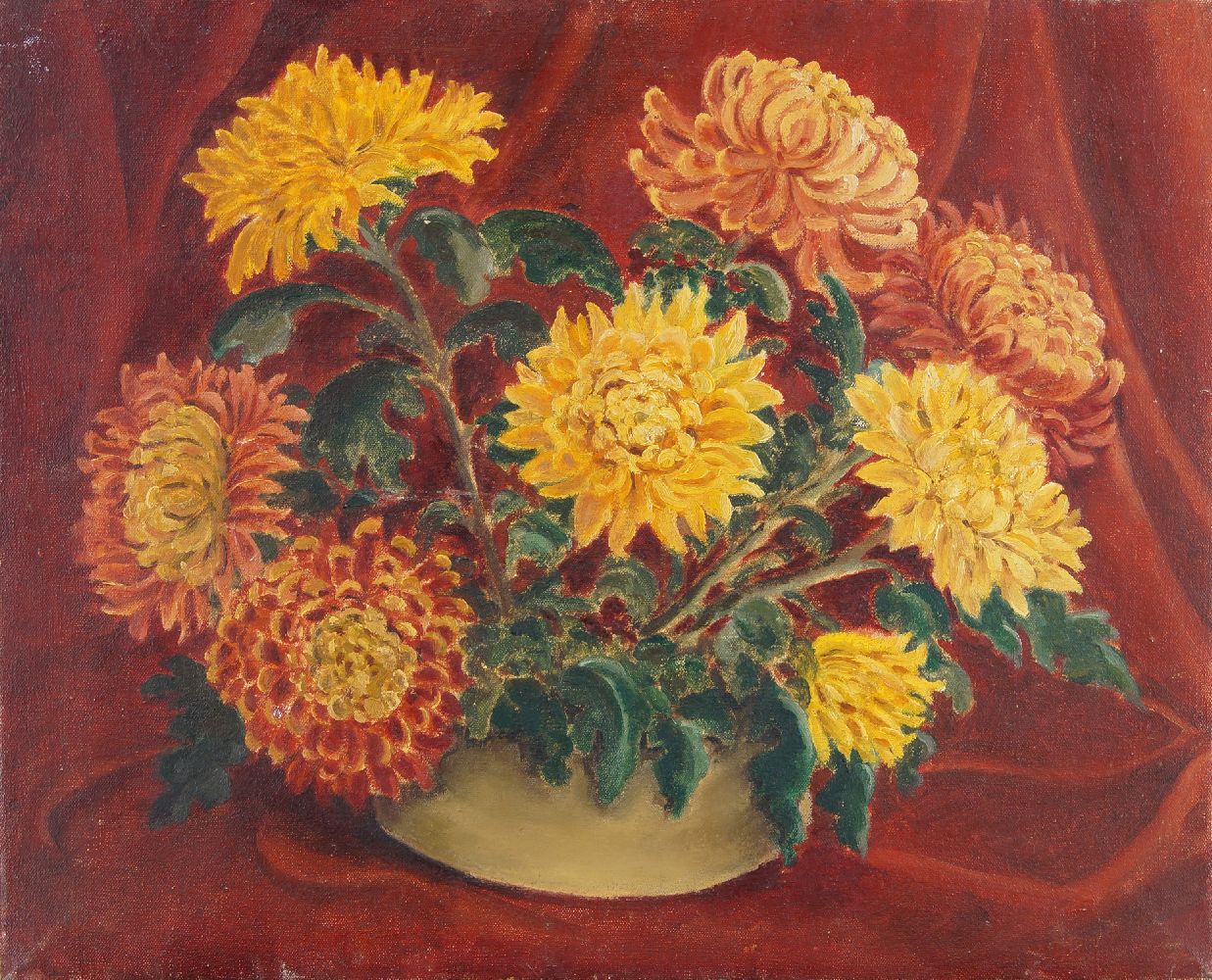 John Duguid, British 1906-1961- Chrysanthemums in a Vase; oil on canvas, bears inscription on the