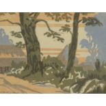 Mary Fairclough, British 1913-2000- Bark Canoe and Cornstacks, 1937; linocuts in colours, two,