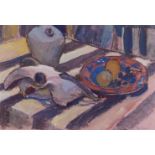 Fyffe Christie, British 1918-1979- Table top with conch shell, horn and fruit; watercolour, signed