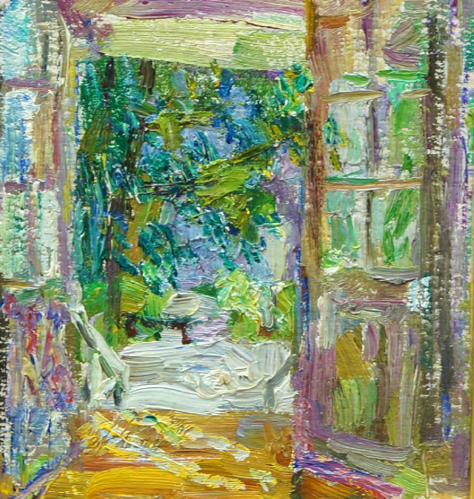 Elena Burkova, Russian, b.1960- Wide open door; oil on panel, bears Cyrillic inscription on the