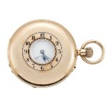 An 18ct gold demi-hunter cased keyless pocket watch by J W Benson, the white enamel dial with Arabic