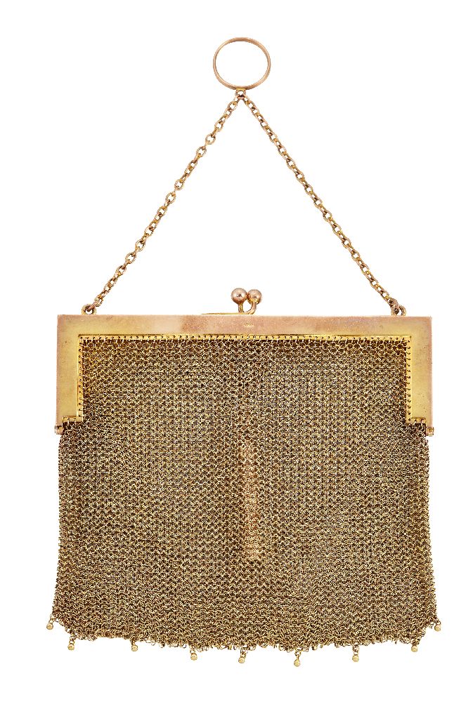 A 9ct gold mesh purse, with polished rectangular frame and bead detail, suspended from a chain,