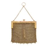 A 9ct gold mesh purse, with polished rectangular frame and bead detail, suspended from a chain,