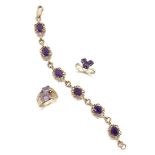 A small group of amethyst jewellery, comprising: a bracelet composed of a line of six oval amethysts