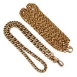 Two late 19th century gold chains, comprising: a curb link watch chain with clip terminal, 42.4g,