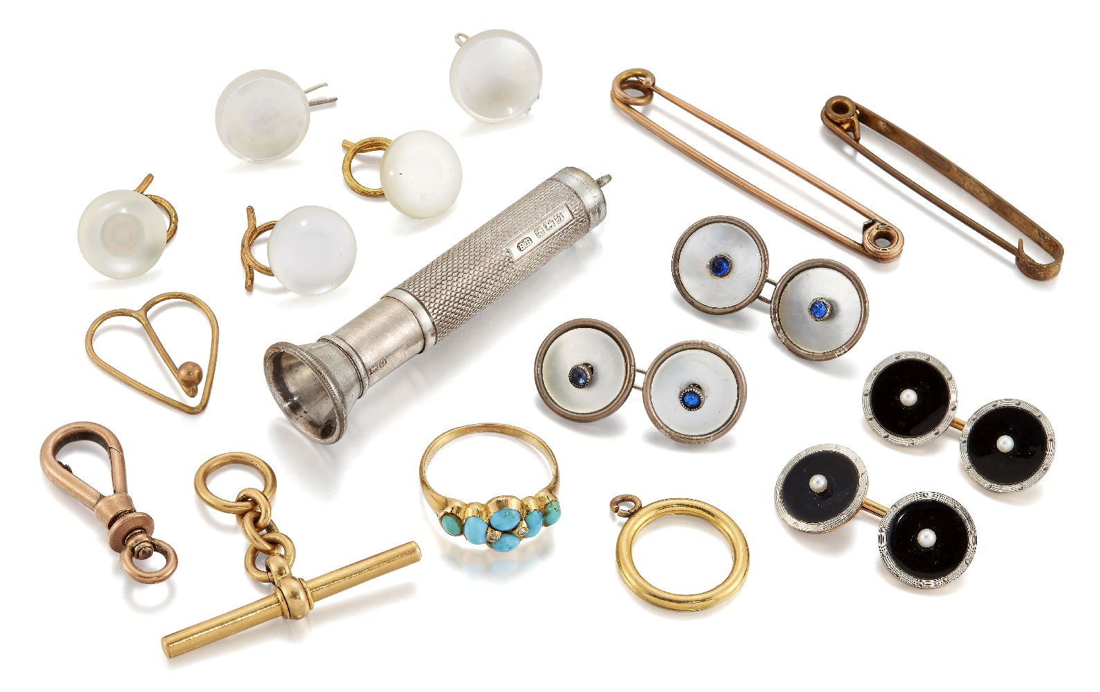 A small group of jewellery, cufflinks and other items, comprising: a late 19th century gold and