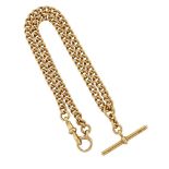 An 18ct gold watch chain, of curb link design with bolt ring and clip terminals and sliding 'T'