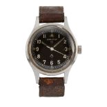 A stainless steel, British military issue wristwatch by Hamilton, the black dial with Arabic white