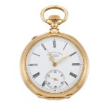An early 20th century gold open-face keyless fob watch by A Lange & Söhne, the white enamel dial