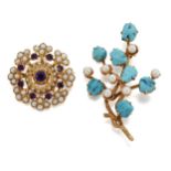Two gem brooches. comprising: a tumble polished turquoise and cultured pearl foliate spray, length