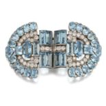 An Art Deco aquamarine and diamond double clip brooch, of opposing arch design, the baguette-cut