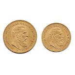 Two gold coins, comprising: a German 20 mark, 1888; and a German 10 mark, 1888 (2)Please refer to