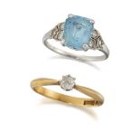 Two rings, comprising: an aquamarine single stone with single-cut diamond three stone shoulders,