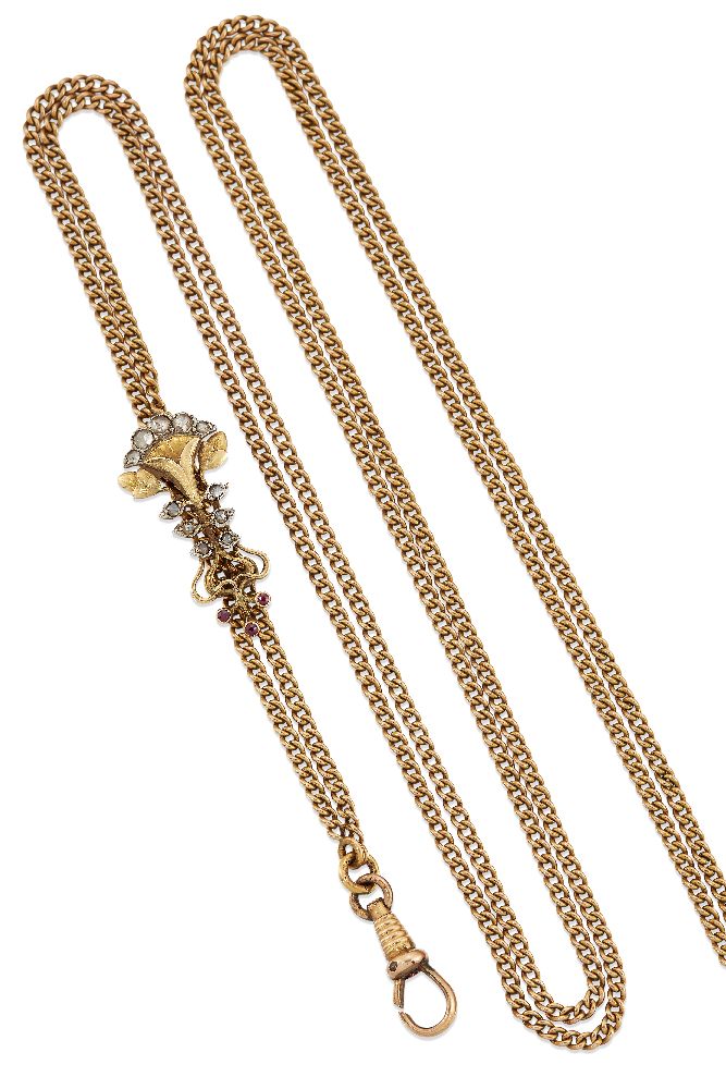 A late 19th / early 20th century gold guard chain, of curb link design with rose-cut diamond and