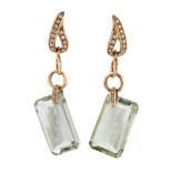 A pair of quartz and diamond earrings by Gavello, the cut-cornered rectangular pale green quartz