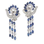 A pair of sapphire and diamond earrings, the brilliant-cut diamond and marquise-cut sapphire