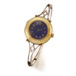 An early 20th century gold watch, the blue enamel circular dial with applied gilt Arabic numerals in