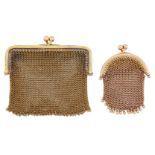 Two early 20th century gold mesh coin purses, one with rounded rectangular frame, the other with