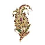 An Indian diamond and gem brooch, of spray from set throughout with foiled vari-shaped and cut