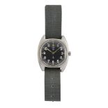 A 1980s, stainless steel, British military issue W 10 wristwatch by CWC, the black enamel dial