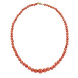 A coral necklace, composed of a single row of coral, corallium rubrum, beads, graduating from