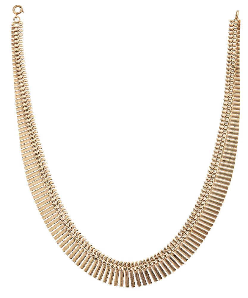 A 9ct gold necklace, of fancy link design suspending a graduated fringe of rectangular links,