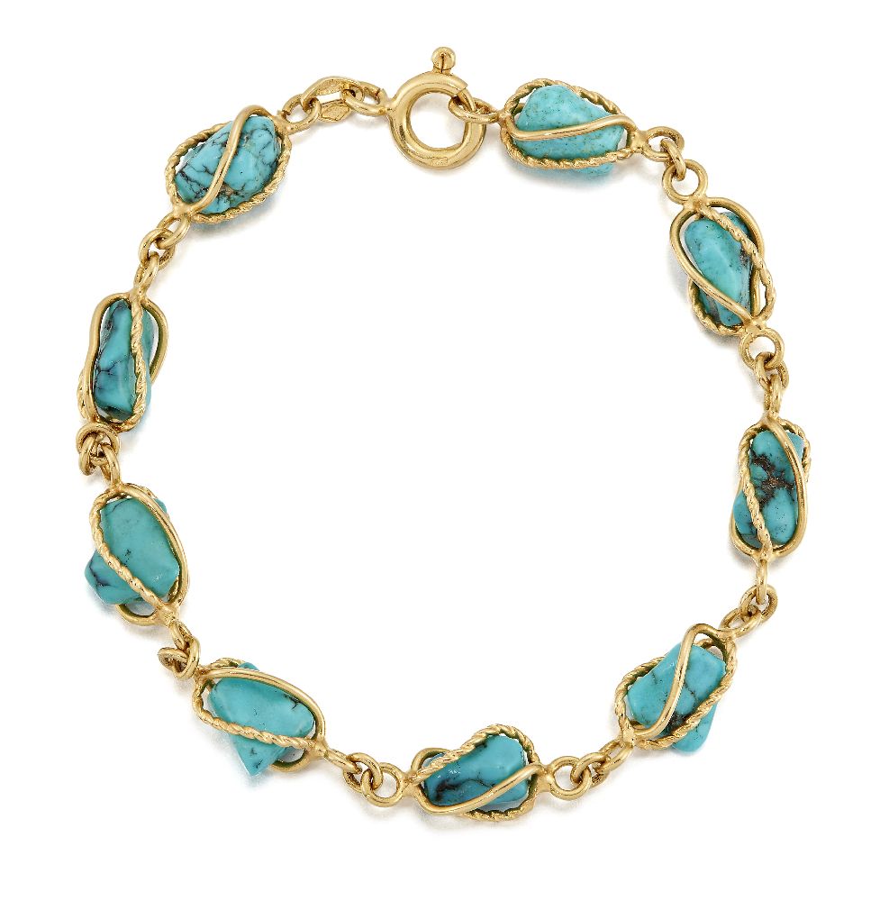 A turquoise-set bracelet, composed of a line of tumble polished turquoise in twist design cage