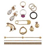 A group of miscellaneous jewellery and fittings, including: an Edwardian gold curb-link guard chain,