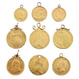 A group of nine pendant mounted gold coins, comprising: four George III spade guineas, 1793, 1797,