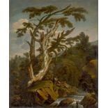 Follower of Salvator Rosa, Italian 1615-1673- Figures seated by a waterfall within a woodland; oil