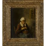 Dutch School, early-mid 17th century- An old woman warming her hands over a pot of coals; oil on