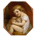 Follower of George Romney, British 1734-1802- A child with a cat; oil on canvas, octagonal,