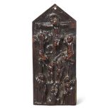 A Portugese colonial boxwood relief of The Crucifixion, 17th century, carved in deep relief with