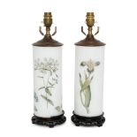 A pair of decalcomania cylindrical table lamps, early 20th century, decorated with butterflies and