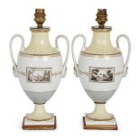 A pair of Ginori twin-handled baluster urn vases, late 19th Century, each with two grisaille