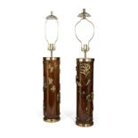 A pair of fabric print roller lamps, 20th century, the oak rollers set with intricate foliate