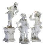 Three white glazed porcelain figures of youths, 18th / 19th century, possibly Bernburg, Thuringia,