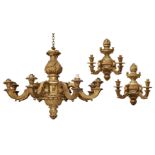 A George I style giltwood eight-branch chandelier and pair of wall lights, c.1900, the chandelier