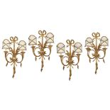 A set of four gilt bronze twin branch wall lights, 20th Century, each designed with French horn form